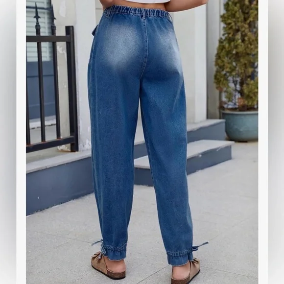 Blue High-Waist Relaxed Jeans for Women With Tie Ankles - Picture 2 of 8
